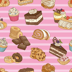 Cute and sweet seamless pattern with cookies. Hand Drawn vector illustration. Wrapping paper pattern. Background with abstract elements.