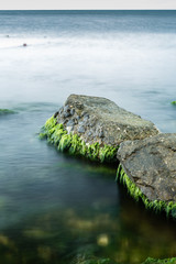 long exposure of sea and rocks covered with green algae