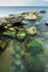 long exposure of sea and rocks covered with green algae