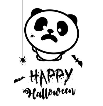 Scared panda, spiders attacked the panda. Halloween party vector illustration. Black line stylized.