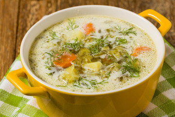 Traditional cucumber soup with pickled cucumbers.