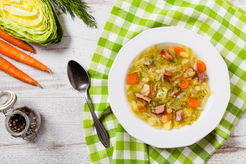 Homemade cabbage soup, cooked on smoked ribs.