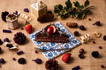 Obraz na płótnie Canvas Piece of homemade Christmas chocolate cake