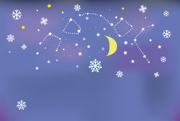 Night snow banner with stars and moon. Background for the Chrismas card or cover