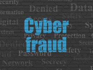 Safety concept: Painted blue text Cyber Fraud on Black Brick wall background with  Tag Cloud