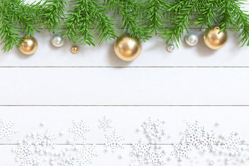 white wood floor christmas holiday new year concept gold white metallic christmas ball green leaf blank space 3d rendering