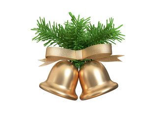 gold christmas bell bow green leaf christmas holiday new year concept white background 3d rendering