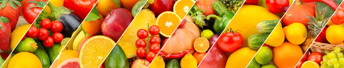 Gordijnen fruits and vegetables background. Collage. Wide photo . © alinamd