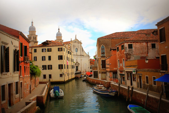 Venice Skyline and Church of Saint Raphael Angel in Venice, Italy. This church was one of the eight churches founded in Venice by St. Magnus of Oderzo