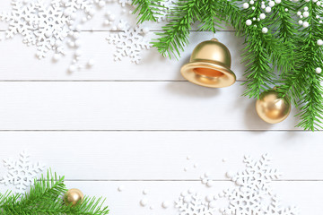 3d rendering gold christmas bell green leaf christmas holiday new year concept white wood floor blank space