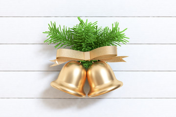 christmas holiday new year concept abstract christmas bell gold reflection green leaf decoration white wood floor 3d rendering