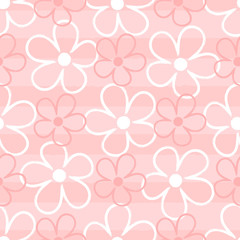 Outlines of cute flowers on striped background. Floral seamless pattern drawn by hand with brush.