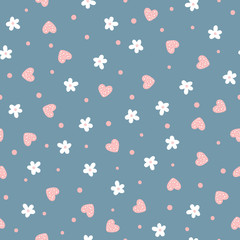 Flowers, hearts and dots. Cute floral seamless pattern.
