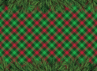 Red, green checkered pattern background with Christmas tree decoration