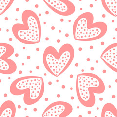 Cute seamless pattern with hearts and round dots. Drawn by hand, sketch, doodle.