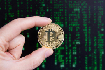 human hand holds a Golden bitcoin on a black background with the green symbols