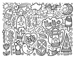 set of doodle sketch drawing nice elements, black and white vect