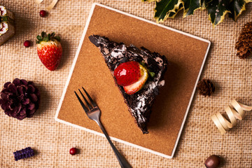 Slice of Christmas chocolate cake