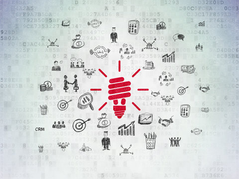 Finance concept: Painted red Energy Saving Lamp icon on Digital Data Paper background with  Hand Drawn Business Icons