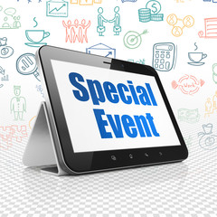 Finance concept: Tablet Computer with  blue text Special Event on display,  Hand Drawn Business Icons background, 3D rendering
