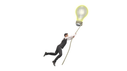 Concept of a successful idea A light bulb that pulls a man up 3d render on white