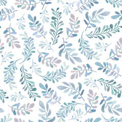 Watercolor seamless pattern with blue and green branches in gentle colors.