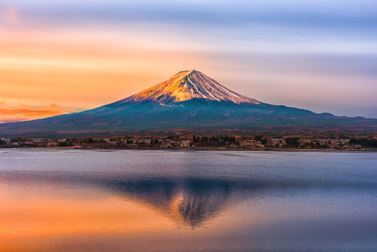 Mount Fuji and Lake Shojiko at sunrise in Japan.