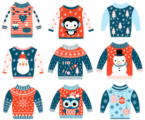 Einter and Cristmas vector ugly and cute sweaters in flat style in blue and red colors with owl