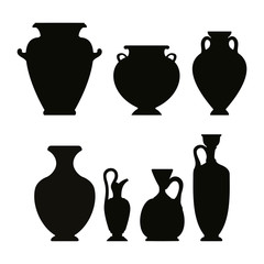 Set of silhouettes of vintage Greek vases isolated on white background.