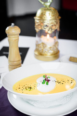 Chef s specialty presented in restaurant on served table