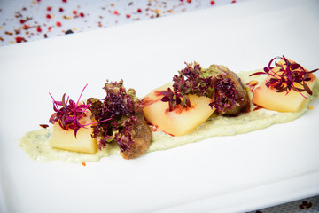 Chef s specialty presented in restaurant on served table