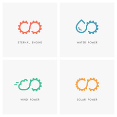 Alternative energy source logo set. Gear wheel or pinion, water, cloud, the sun and infinity symbol - eternal engine and perpetuum mobile, solar, wind and hydro power, industry and ecology icons.
