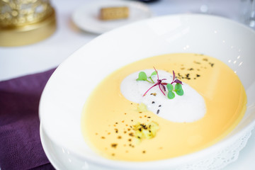 Chef s specialty presented in restaurant on served table