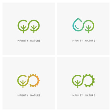 Infinity and nature logo set. Green tree, drop of water, the sun and gear wheel - ecology and environment, agriculture and industry icons.