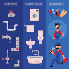 vector plumbing concept infographic posters set. man blumber in uniform and mustache holding case with tools thumbs up, winking, water valve, plunger, pipe, monkey wrench, domestic blumbing.