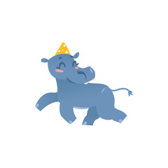 Cute baby hippo, hippopotamus character in birthday hat, running happily, cartoon vector illustration isolated on white background. Funny hippo at birthday party, wearing party hat