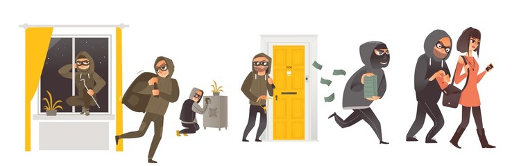Set of thief in mask breaking into house, safe burglary, picklock, pickpocket, escaping with a loot, flat comic vector illustration isolated on white background. Set of thief, burglar at work