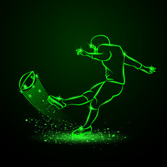 American football kicker hits the ball. Green neon sport background. - obrazy, fototapety, plakaty