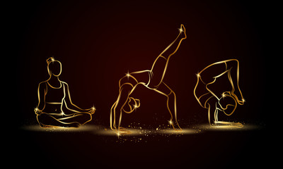 Yoga poses set. Golden linear yoga illustration for sport banner, background and flyer.