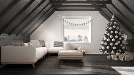 Loft living room with Christmas tree and presents, white and gray scandinavian minimalist interior design