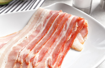 Rashers of bacon on plate, close up