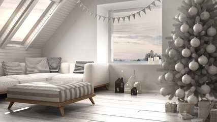 Christmas tree and presents in modern loft, big panoramic window, white scandinavian minimalist interior design