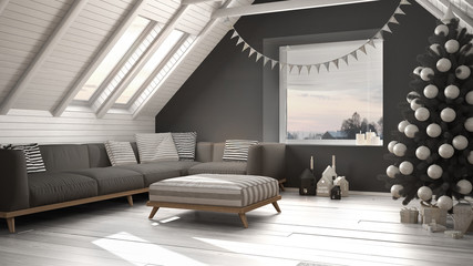 Loft living room with Christmas tree and presents, white and gray scandinavian minimalist interior design