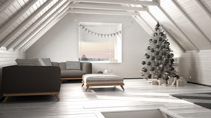 Loft living room with Christmas tree and presents, white and gray scandinavian minimalist interior design