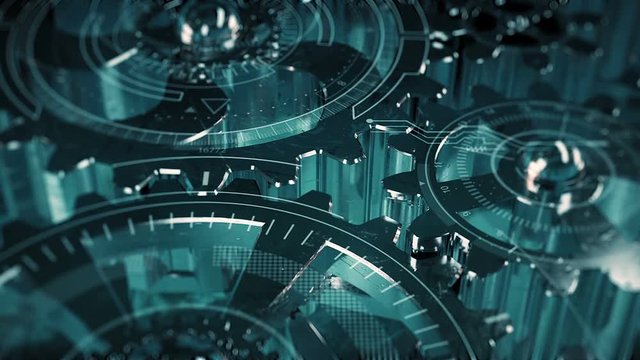 Cogwheels and HUD elements technological intro.Futuristic Opener with rotating cogs gear and infographic animation.Gears metal.Type 1