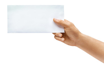 Fototapeta premium Man's hand holding envelope isolated on white background. Close up. High resolution product