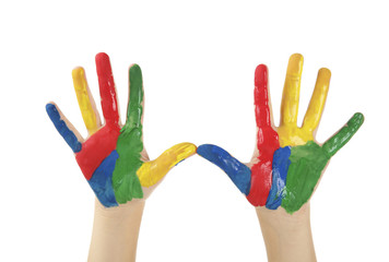 Child's hands in paint on white background