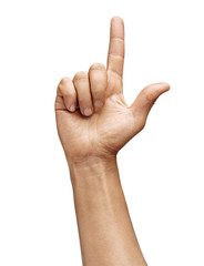 Man's hand showing two fingers isolated on white background. Sign - number two. Close up. High resolution product