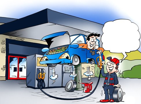 Cartoon illustration of a car that gets a wheel shift at a gas station