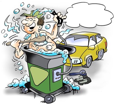 Cartoon illustration of a happy mechanic who takes a bath in a clean water machine at the workshop